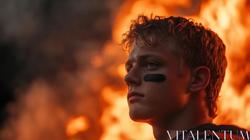 Side profile of young athlete before intense fire backdrop.