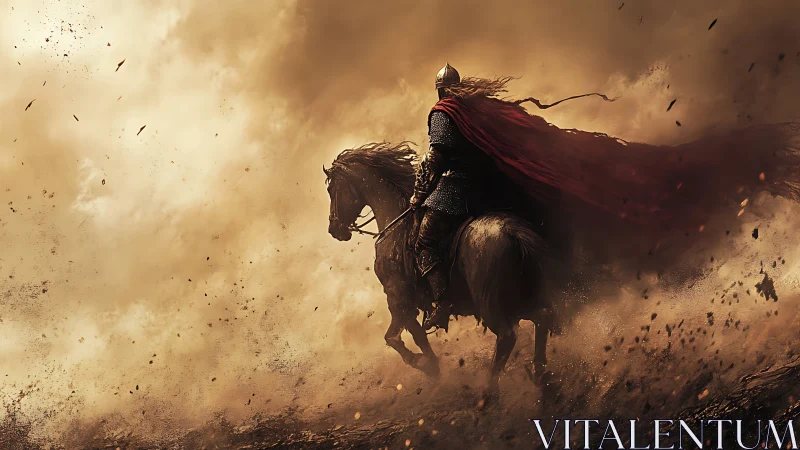 Lone armored rider charges through a storm of swirling dust.