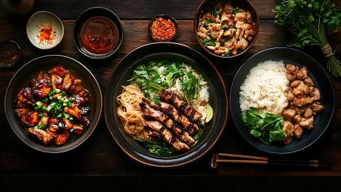 Grilled chicken rice bowls with side dishes on table.