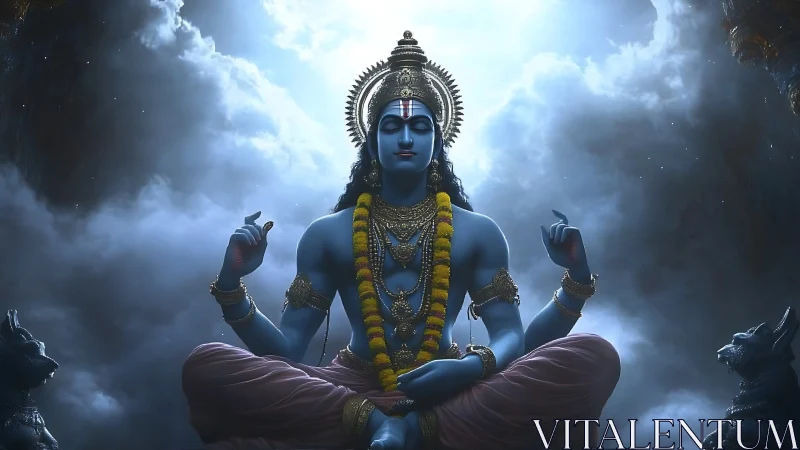 Moonlit blue deity in stormlit meditation, calm amid thunder.