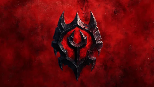 Dark fractured emblem over burning red grunge field.