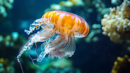 Jellyfish drifts in sharp focus against blurred reef background