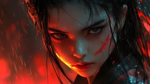 Cinematic digital portrait of fierce warrior under neon rain.