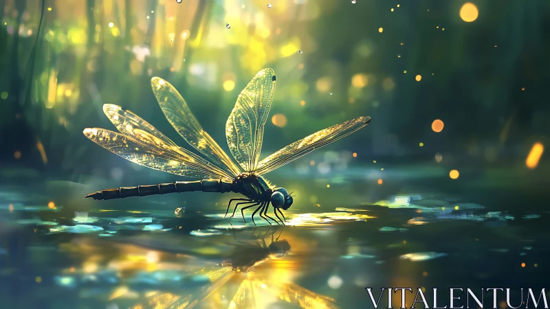Luminous dragonfly at forest pond in atmospheric digital painting.
