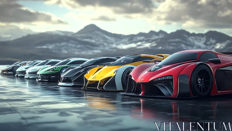 Sleek supercars line up proudly beneath misty mountain peaks