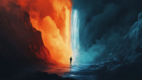 Solitary figure between blazing lava and icy waterfall.