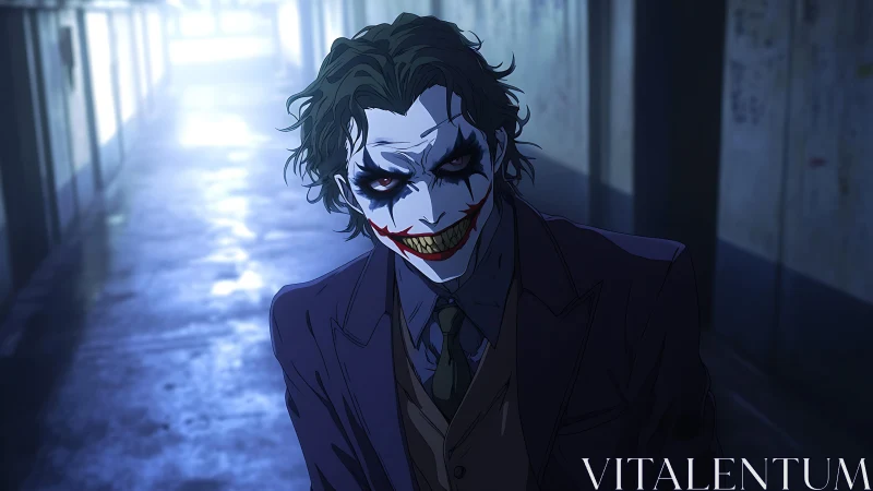 Smiling clown-faced man walks in dim, narrow corridor