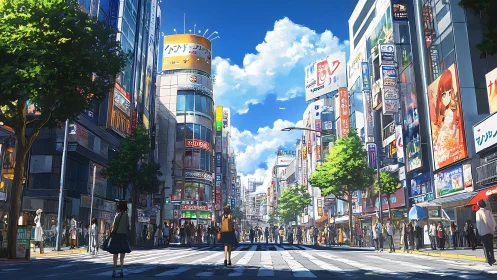 Urban anime streetscape renders sunlit commercial corridor