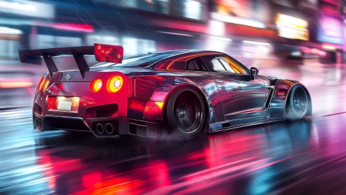 Widebody Nissan GT-R drifts through neon-lit wet street at speed