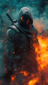 Hooded ember-walker strides through feral neon firestorm