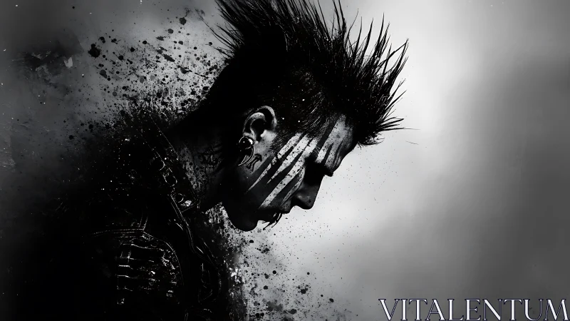 Ink-splattered punk portrait in stark monochrome profile.
