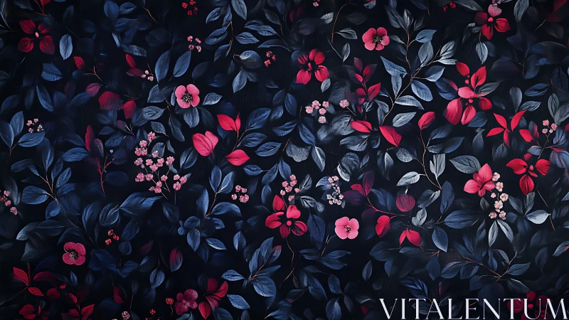 Dark Floral Botanical Pattern with Red and Pink Blooms