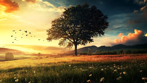 Lone tree divides glowing sunset sky over wildflower meadow