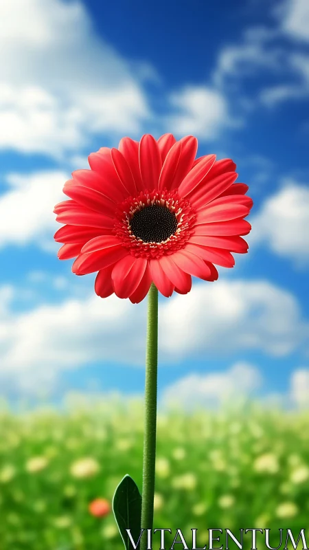 Single red gerbera daisy against blue sky and meadow field.