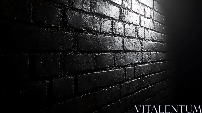 Gleaming midnight bricks leaning toward a quiet vanishing point.