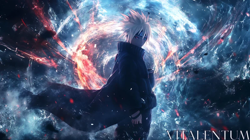 White-haired warrior before swirling elemental vortex field.