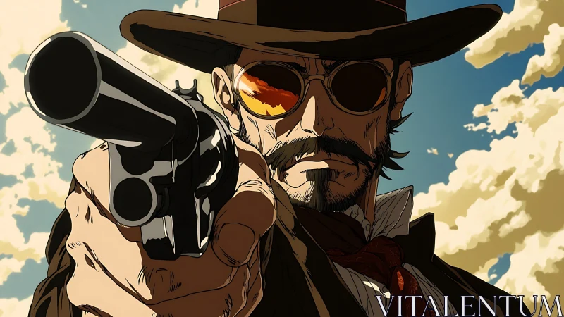 Steely eyed cowboy gunslinger framed by sunlit desert skies.