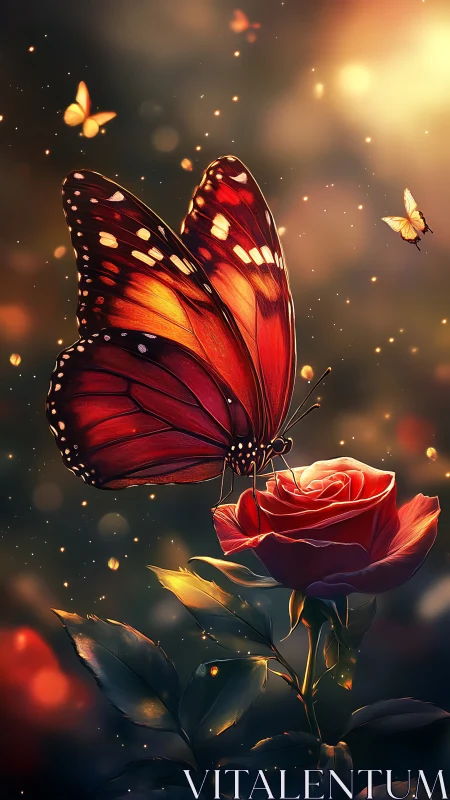 Crimson butterfly poised on rose in glowing dusk garden.