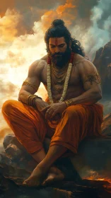 Meditative warrior sage in orange robes on rocky peak.