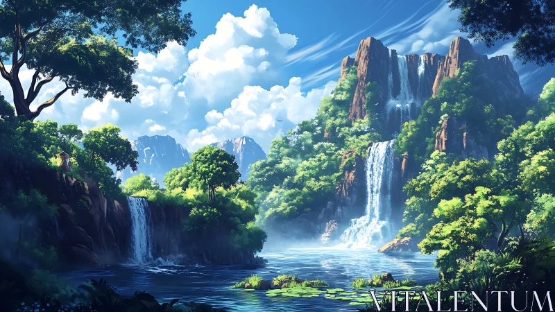 Sunlit waterfalls cascade through a lush hidden valley.