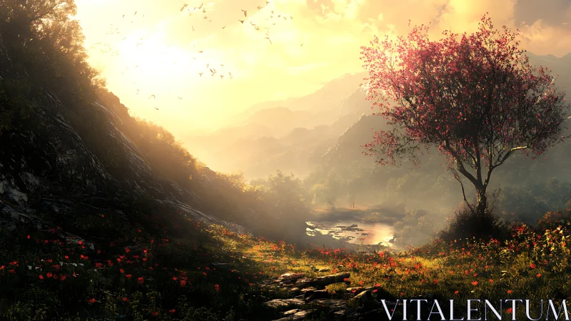 Sunlit valley path under a blushing tree of wandering dawn.