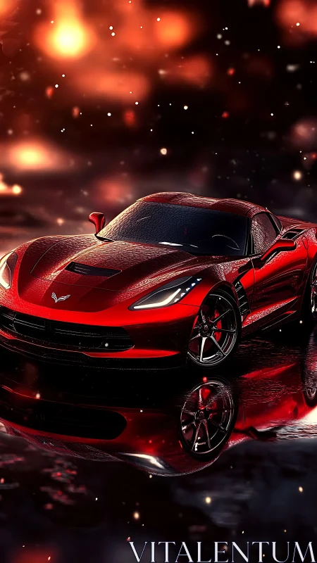 Wet reflective red sports coupe rendered with high-spec lighting