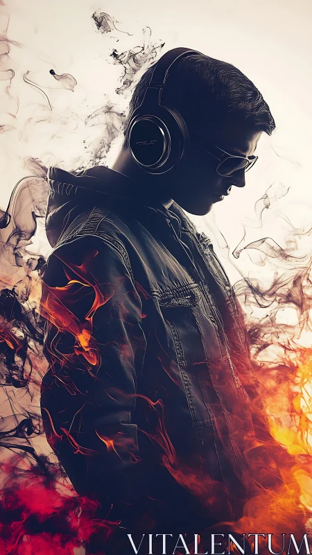Profile silhouette with over-ear headphones and dynamic fire ink effect.