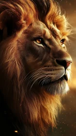 Golden dusk lion portrait filled with quiet courage.
