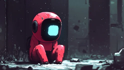 Lonely red spaceman sits in a cold, ruined corridor.