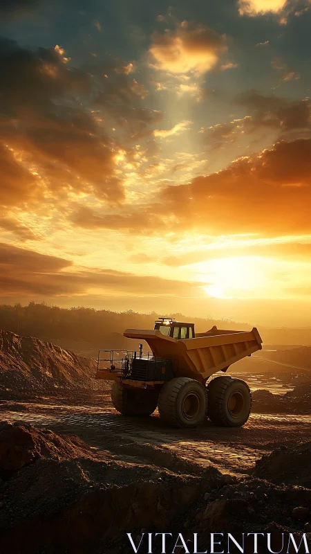 Mining haul truck cuts silhouette beneath molten sunset sky.