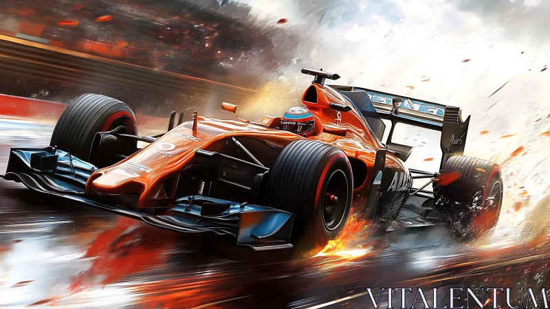 Formula racing car powers through wet circuit at speed