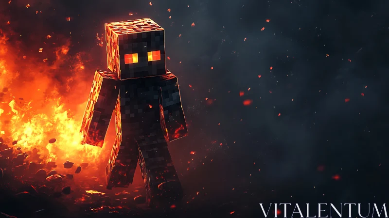 Voxel inferno entity traversing particulate firefield.