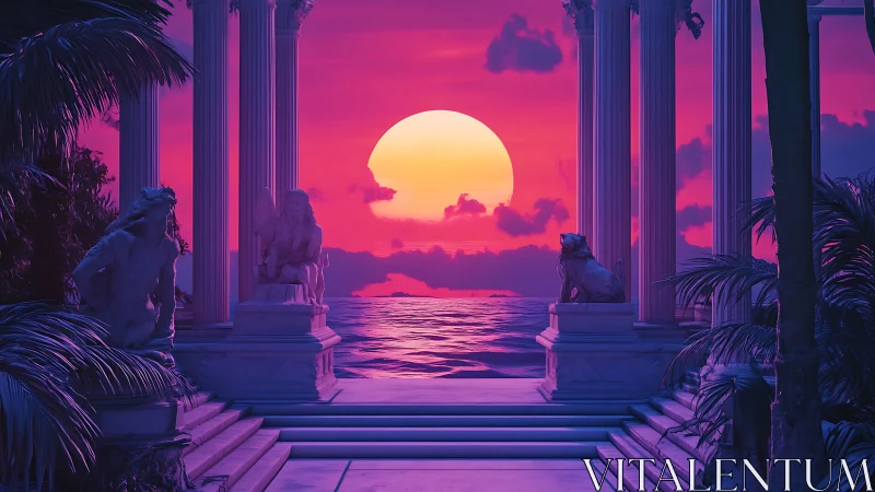 Neon sunset floods a mythic seaside temple in dreamlike light