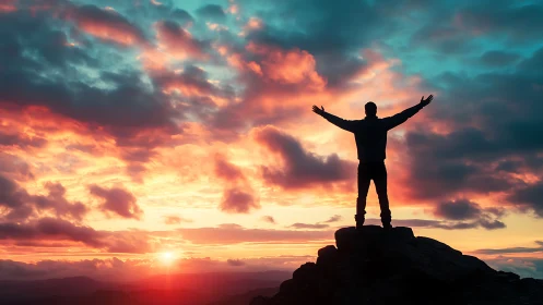 Sky-drunk wanderer greeting a blushing sunrise horizon.