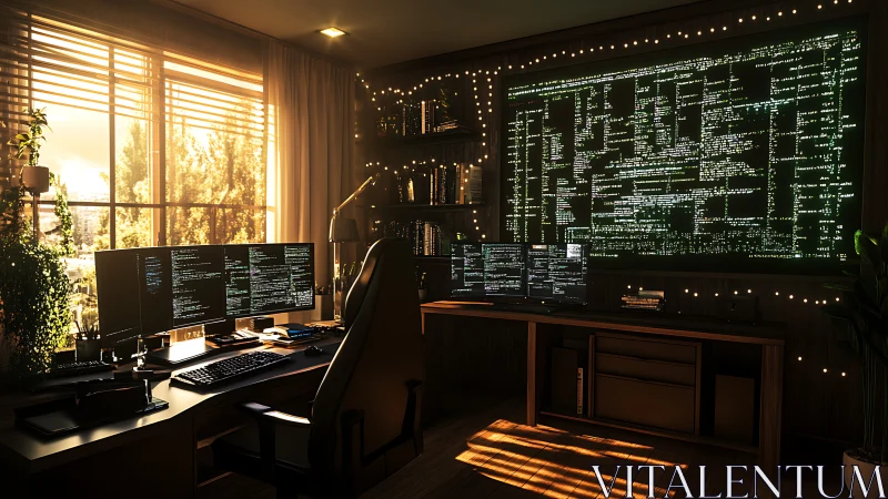 Dual-coded workspace merges warm daylight and cybernetic glow