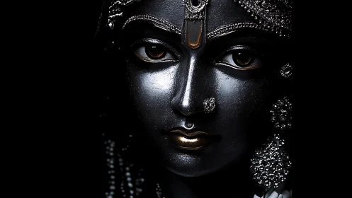 Glistening dark statue face gazes softly from deep shadow