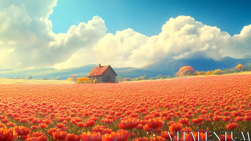Tiny roofed dream floats in an endless tide of orange blooms