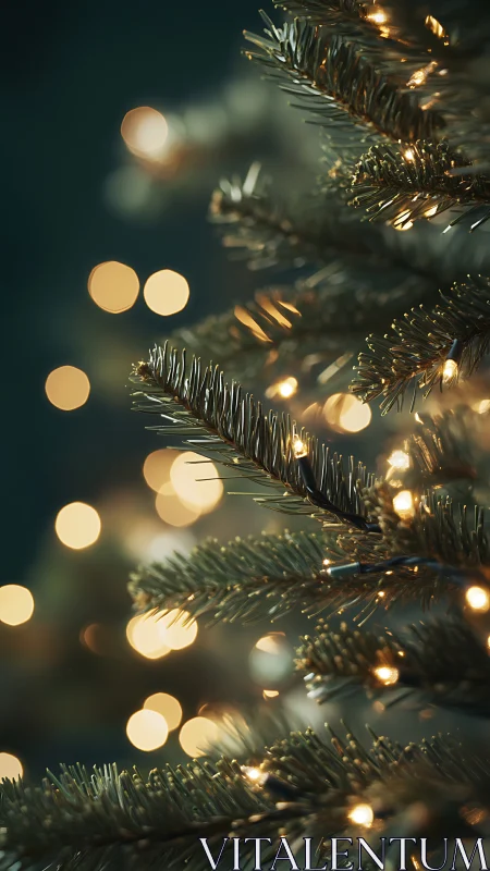 Close-up Christmas tree lights with soft golden bokeh glow.