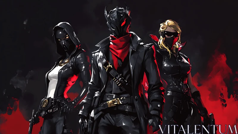 Masked vigilante trio stands in dramatic red backlight