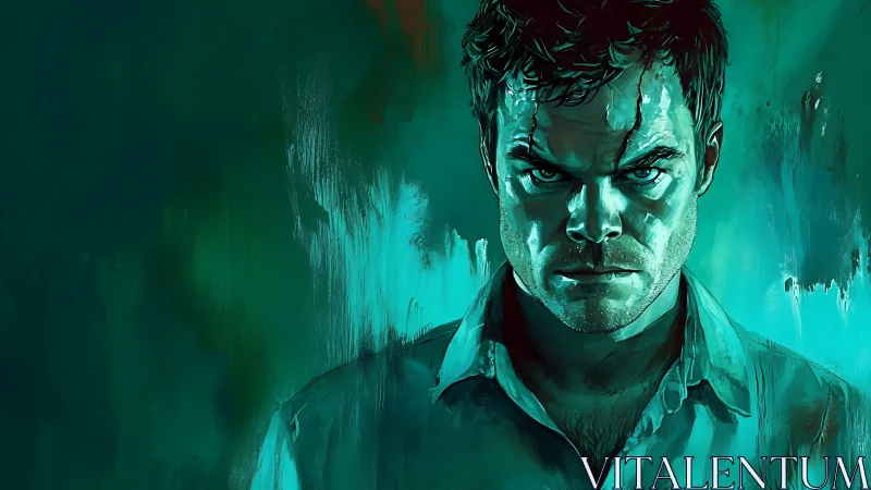 Chromatic psychological portrait in cyan-turquoise tensioned light.