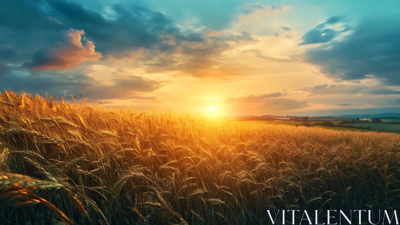Backlit cereal field under high-dynamic sunset atmosphere.