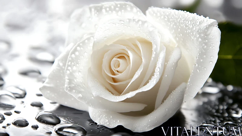 Ivory Rose with Dewdrops on Black Pebble Surface