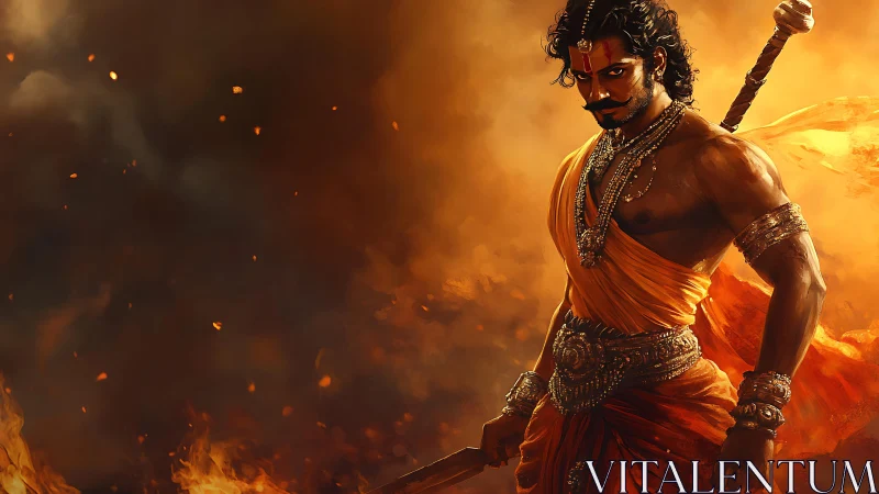 Warrior in orange garments stands amid dense fire and smoke