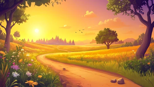 Golden rural path through summer fields at sunset light.