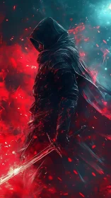 Hooded swordbearer in bifurcated red cyan energy field.