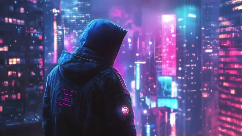 Hooded figure observes neon cityscape under diffuse rain