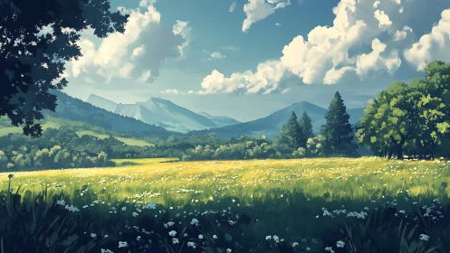 Sunlit mountain meadow opens into a calm summer day