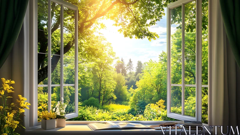 Sunlit forest morning framed by a quiet open window.