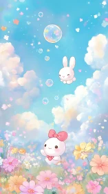 Pastel bunny friends drifting through dreamy flower clouds.