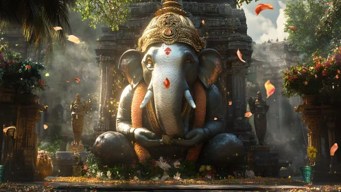 Majestic Ganesha statue glows amid lush temple courtyard.